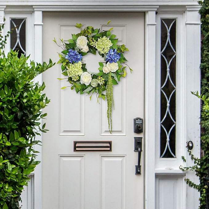 Spring Summer Wreaths for Front Door 24 Inch Summer Wreath with Hydrangea, Rose & Peony Floral Spring Door Wreath with Lush Greenery for Indoor & Outdoor Seasonal Home Decor