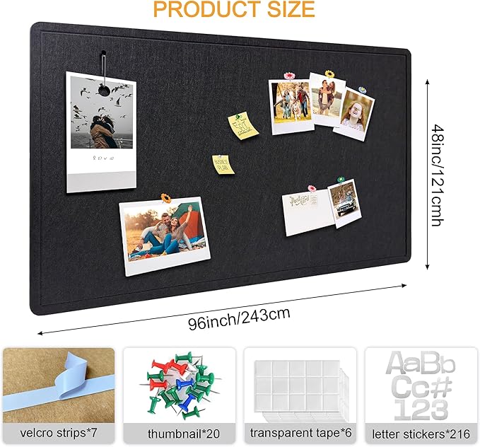 Large Bulletin Board - Foldable 96x48 Inches Cork Board Alternative with 20 Push Pins and 237 Pcs Glitter Letters, 8' x 4' Self-Adhesive Felt Bulletin Board for Wall, Home Office Decor