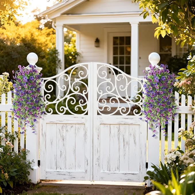 Homsunny Artificial Hanging Flowers for Outdoor, 2PCS Fake Flowers Faux Silk Daisy with Eucalyptus Leaves, UV Resistant Aritificial Flowers for Spring Home Patio Yard Porch Decor (Double Purple)