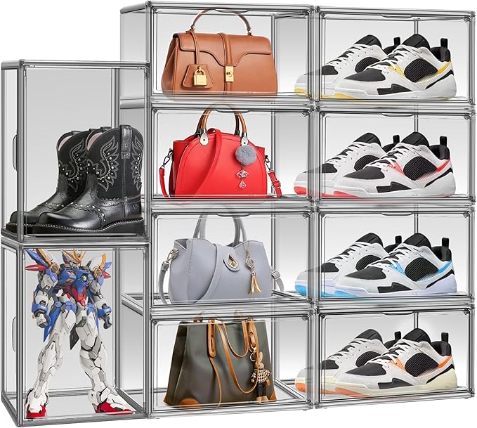 2 Pack Acrylic Shoe Box for Closet Clear Stackable Size 12 Shoe Storage Bins with Magnetic Lids, Stackable Boot Handbag Organizer Containers for Shoes, Figure, Collectible, Purse