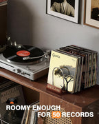 Bulado Now Playing Vinyl Record Holder, Wooden Vinyl Record Storage with Front Display Groove, Album Storage Stand Organizer for 50 LPs, Easy to Assemble, Magazine Holder Rack for Gift