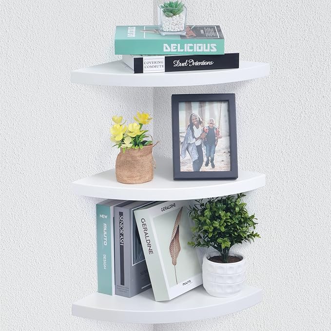 Marsmiles Floating Shelves Set of 3 | Wall Shelves | Wall Mounted Storage Display Shelving for Bathroom, Bedroom, Living Room, Kitchen | 12-4/5" D x 12-4/5" W | Fan-Shaped, Simply White