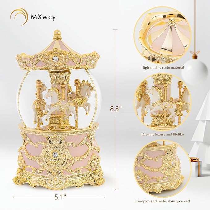 Carousel Music Box Gold & Pink Christmas Snow Globes, 8.3" Rotate Carousel Snow Globe for Kids & Adults, Classic Wind up Musical Snow Globe Valentines Day Gifts for Women Girls, Carousel Home Decor