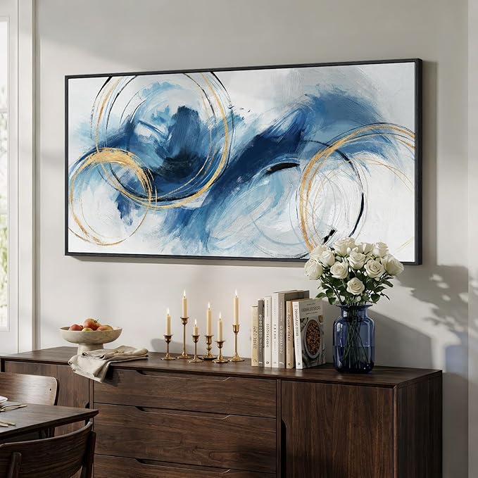 Extra Large Framed Navy Blue Abstract Canvas Wall Art for Living Room, Minimalist Modern Prints Paintings Artwork for Walls, Horizontal Contemporary Pictures Wall Decor for Bedroom, Office, 30x60 In