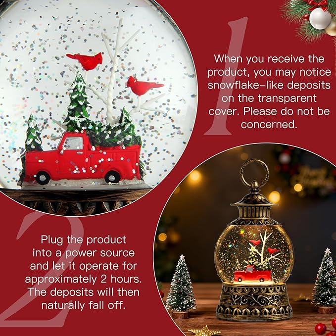 Christmas Snow Globe, Red Truck Musical Snow Globe Lantern Lights with 6H Timer Battery & USB Powered, Retro Style Holiday Glitter Globe for Xmas Home Decoration Holiday Party Gifts
