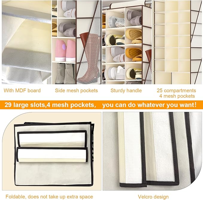 VERONLY Hanging Shoe Organizer for Closet-Collapsible Storage Rack with 25 Sections & 4 Side Pockets, Hanging Shoe Shelves for Hats,and Clothes, Beige
