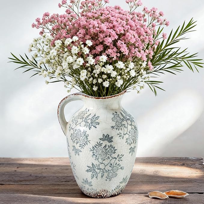 Enra Vintage vase with Handle,Blue and White Ceramic Decorative Flower vase, Chinoiserie Floral Vase,Large Rustic Vases for Home Decors, Living Room, Bookshelf, Office，9.7 inch