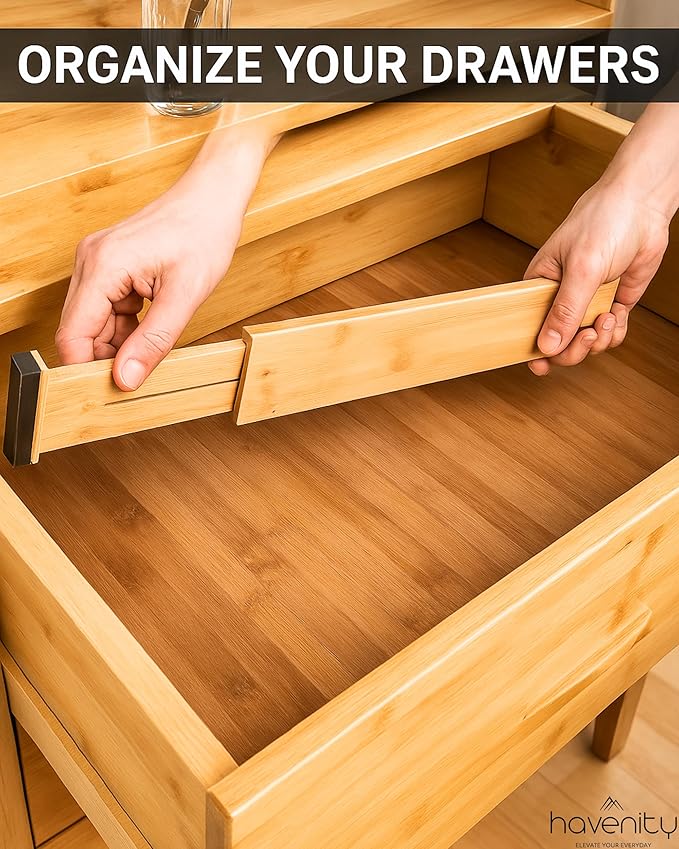 4 Pcs Bamboo Kitchen Drawer Dividers Large 14"-19", Spring Loaded, Works in Kitchen, Adjustable Drawer Organizers, Dresser, Bathroom, Bedroom, Drawer Desk, Office