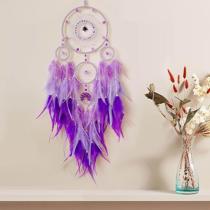 Dream Catchers,Large Dream Catcher Tree of Life Wall Decor,Adult Purple Boho Dream Catcher Wall Decor with Gemstone Hanging Ornament Girls Dorm Room Decor Festival Gift