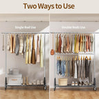 Luxspire Heavy Duty Clothes Rack Load 600 LBS, Double Rod Clothing Rack, Rolling Garment Racks with Lockable Wheels, Shelves, Adjustable Laundry Hanging Racks for Clothes