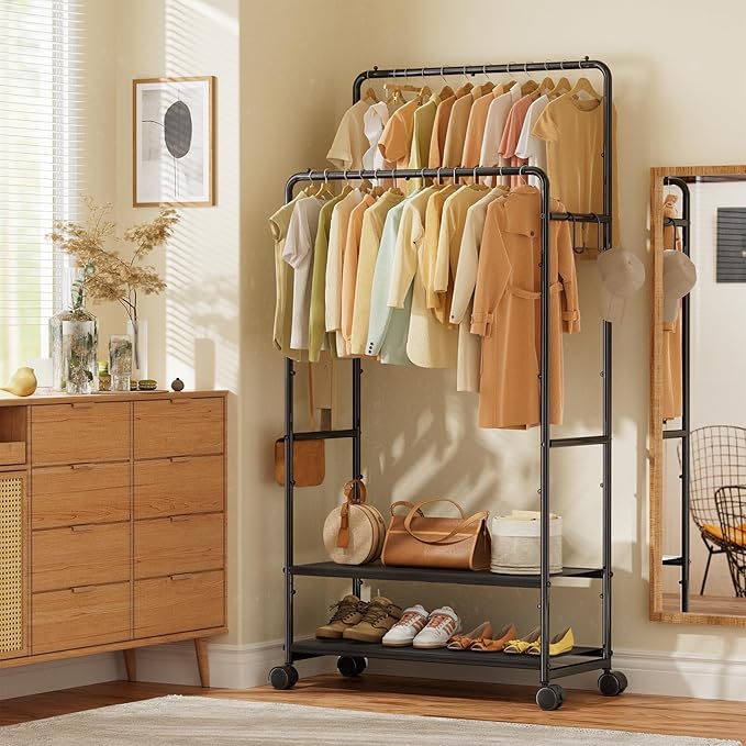 Simple Trending Clothes Rack, Rolling Clothing Rack With Shelves Load 450 LBS, Double Rod Clothing Racks with Wheels for Hanging Clothes, Black