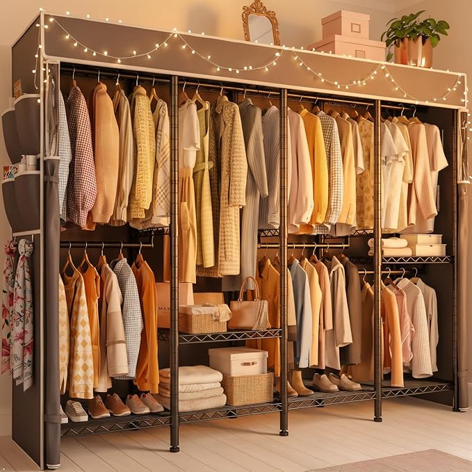 Raybee Clothes Rack with Cover,1100 LBS,Clothing Racks for Hanging with 10 Shelves& 7 Rods,Portable Closet Heavy Duty,Adjustable,Freestanding Garment Rack,Black,75.8" W x 17.7" D x 76.9" H