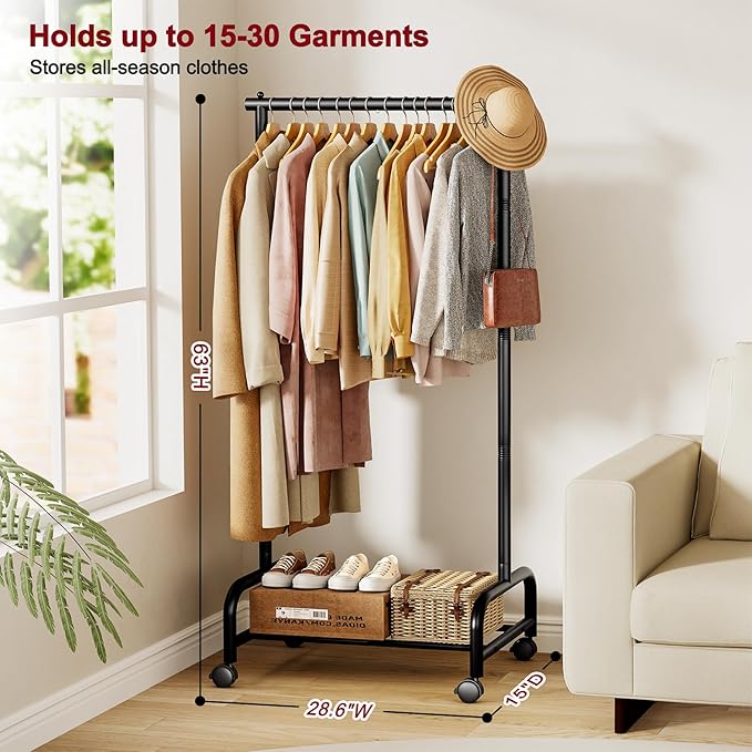 SLEEPING LAMB Heavy Duty Clothing Racks for Hanging Clothes, Small Rolling Clothes Rack with Wheels, Sturdy Garment Wardrobe Rack for Bedroom, Laundry Room, Black