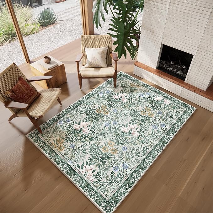 Botanical Floral Area Rug 5x7 Light Green Cream Vintage Garden Design, Perfect for Living Room, Bedroom, Kids Room, Nursery - Stain & Water Resistant Non-Slip, Pet & Child Friendly Area Rugs
