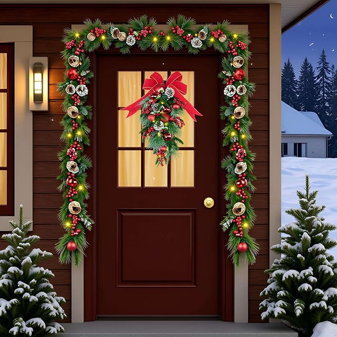 24" Pre-lit Decorative Teardrop Swag, Battery Operated Christmas Swag with Fairy Lights, Red Bowknot & Baubles, Pine Cones, Red Berries, Green Leaves Holly, Spruce Branches, Pine Needles