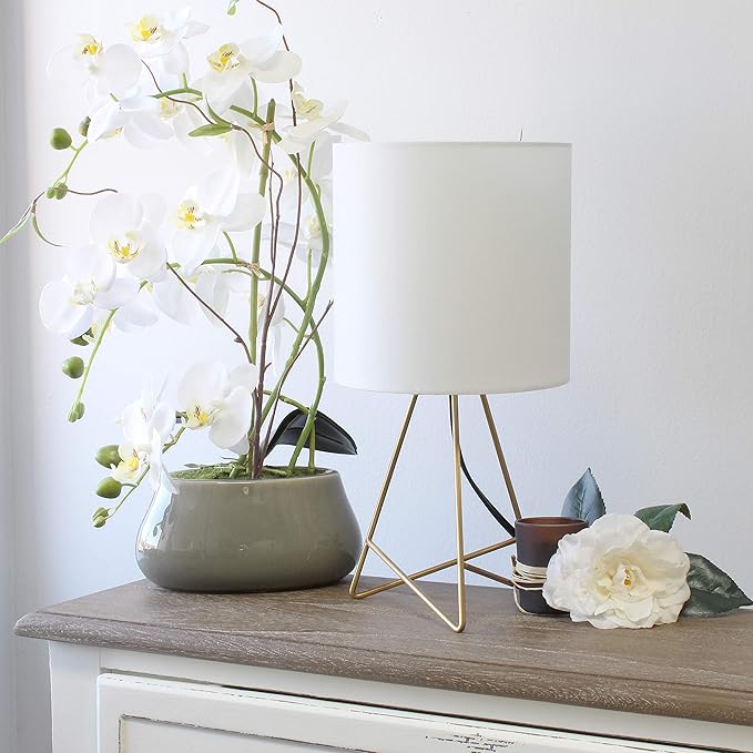 Simple Designs LT2066-GDW-LB 14" Down to The Wire Table Lamp for Bedroom, Living Room, Entryway, Office, Gold with White Shade, with Feit LED Bulb Included