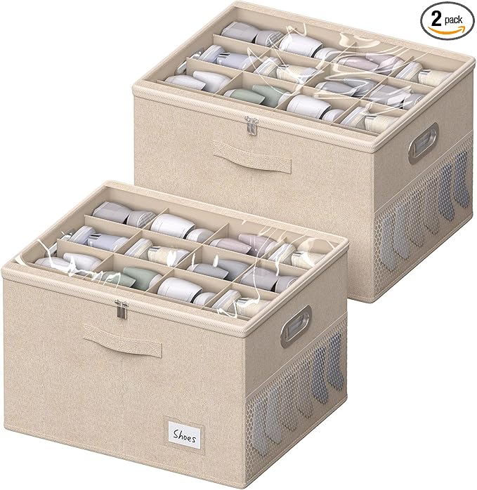 2 Pack Shoe Organizer for Closet Large Shoe Box Storage Containers with Clear Window Space Saving Shoe Bin with Foldable Bottom Support Adjustable Dividers Fits 32 Pairs (Beige, (19.7x15.7x13inch)x2)