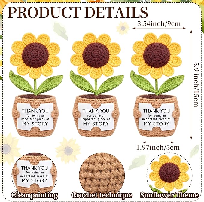 Wavwavw 3 Pack Teacher Appreciation Gift Positive Flower Handmade Crochet Doll Thank You for Helping Me Grow Gifts Back to School Gifts for Women Teacher(Puzzle Sunflower)