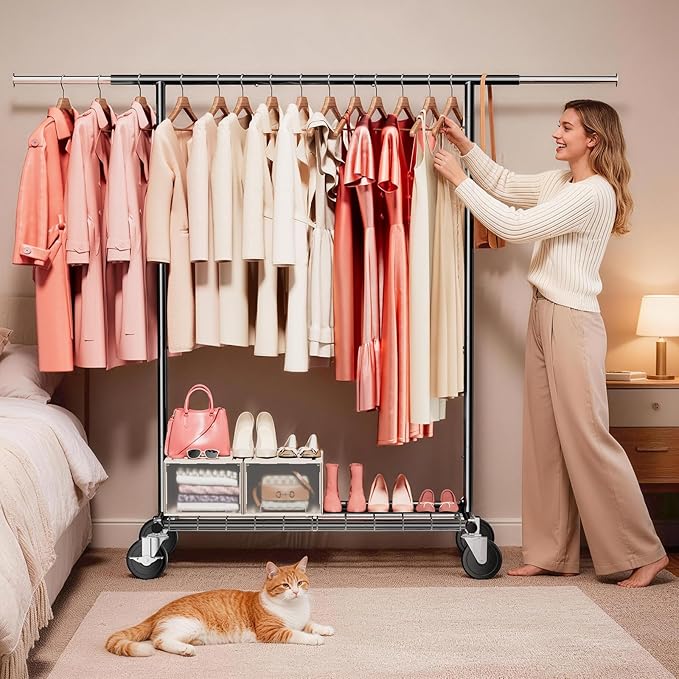 Heavy Duty Clothes Rack - Load 500 LBS, Rolling Clothing Rack for Hanging Clothes with Lockable Wheels & & Shelves, Extendable Garment Rack for Bedroom, Laundry, Living Room (Black)