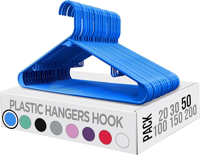 Utopia Home Plastic Hangers 50 Pack - Space Saving Clothes Hanger - Durable & Strong Closet Organizers and Storage with Built-in Strap Hooks - Essential for Shirts, Pants, Skirts & Coats (Blue)