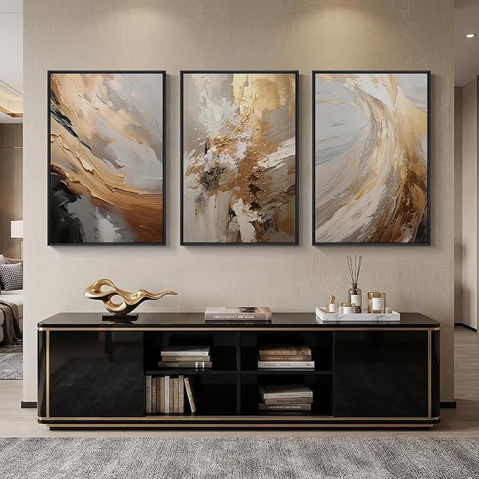 Large Framed Neutral Abstract Wall Art for Living Room, 3 Piece Modern Canvas Prints Paintings Artwork for Walls, Oversized Beige Gold Pictures for Hallway Dining Bedroom Office Wall Decor 24x36 In