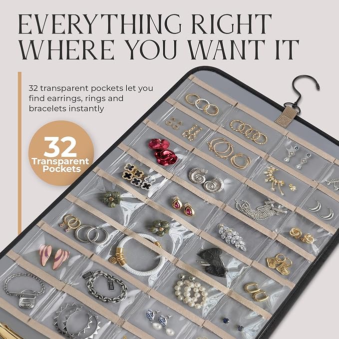 Hanging Jewelry Organizer Storage with Hanger Metal Hooks Double-Sided Jewelry Holder- Wall Mount Holder for Earrings, Necklaces, Rings on Closet, Wall, Door, 1 piece, Large, Black
