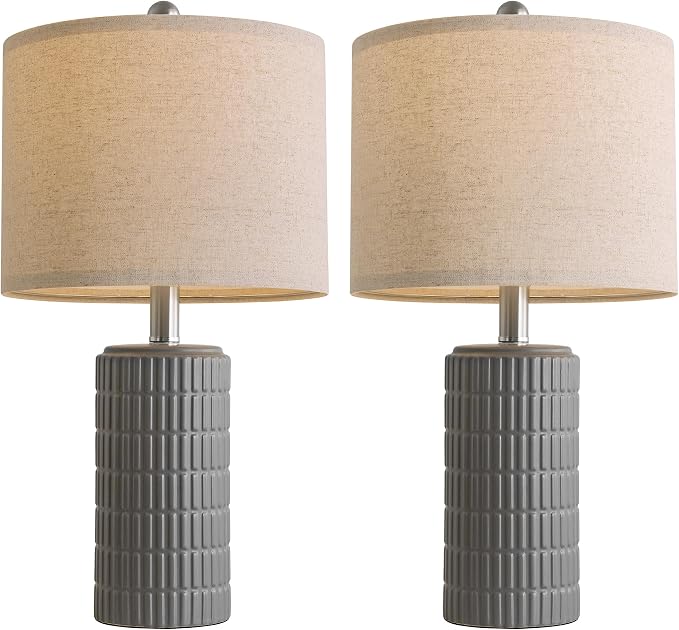 PoKat 20.75'' Ceramic Small Table Lamps for Bedroom, Modern Dark Gray Bedside Lamps Set of 2, Farmhouse Lamps for Living Room with Linen Lampshade for Night Stands Guest Room Side End Table Console