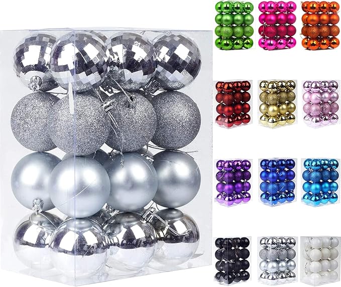 Emopeak 24Pcs Christmas Balls Ornaments for Xmas Christmas Tree - 4 Style Shatterproof Christmas Tree Decorations Hanging Ball for Holiday Wedding Party Decoration (Silver, 2.4"/6.2CM)