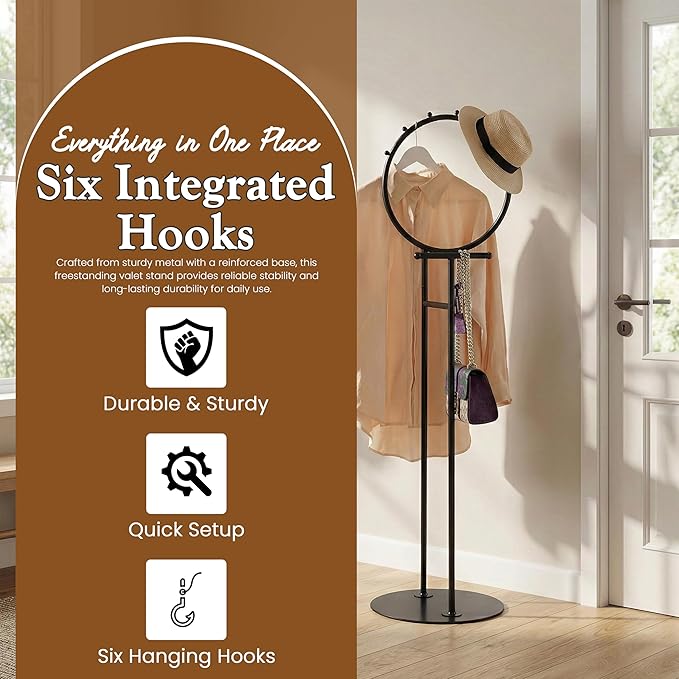 Kings Brand Furniture Cheska Suit Valet Stand with Circular Frame - Tie Jacket Clothes Hooks, Freestanding Clothing Organizer, Black