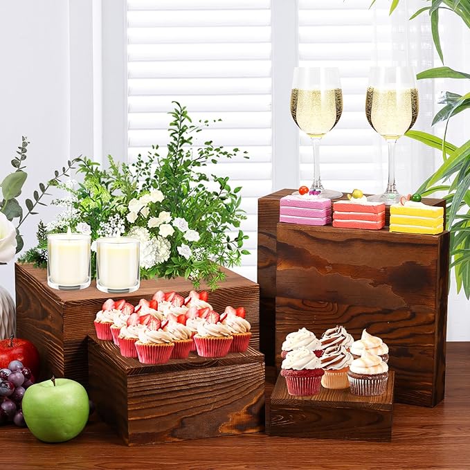 6 Pack Wooden Risers Display Stands Rustic Wood Cake & Cupcake Stands for Party Square Food Risers for Buffet Wooden Crates for Display Home Decor