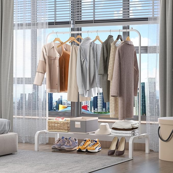 Clothes Rack Metal Clothing Rack with Bottom Shelf Garment Rack for Hanging Clothes Shirts Jeans and Coats White
