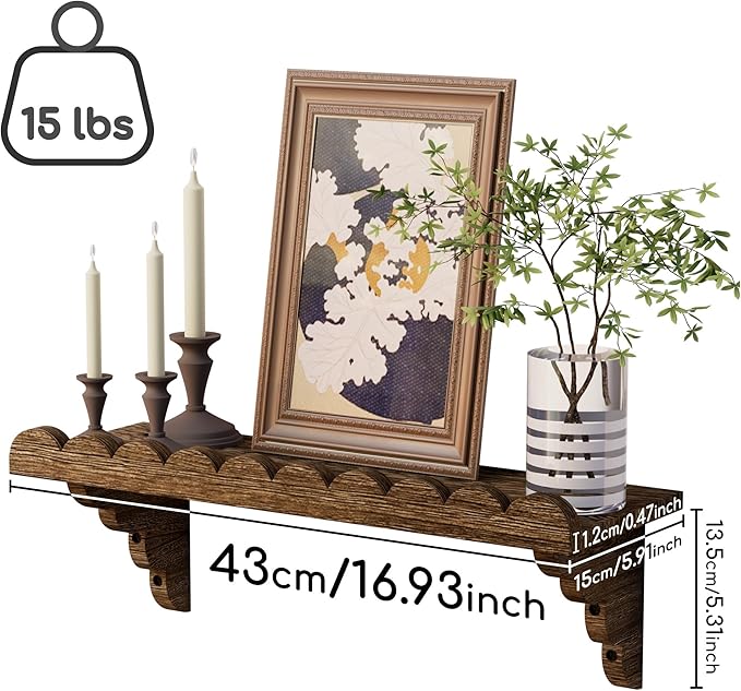 QsQueen Scalloped Wood Wall Shelf – 17 Inch Floating Shelf with Wood Brackets, Easy to Install Rustic Wall Shelf for Living Room, Bedroom, Bathroom, or Any Space