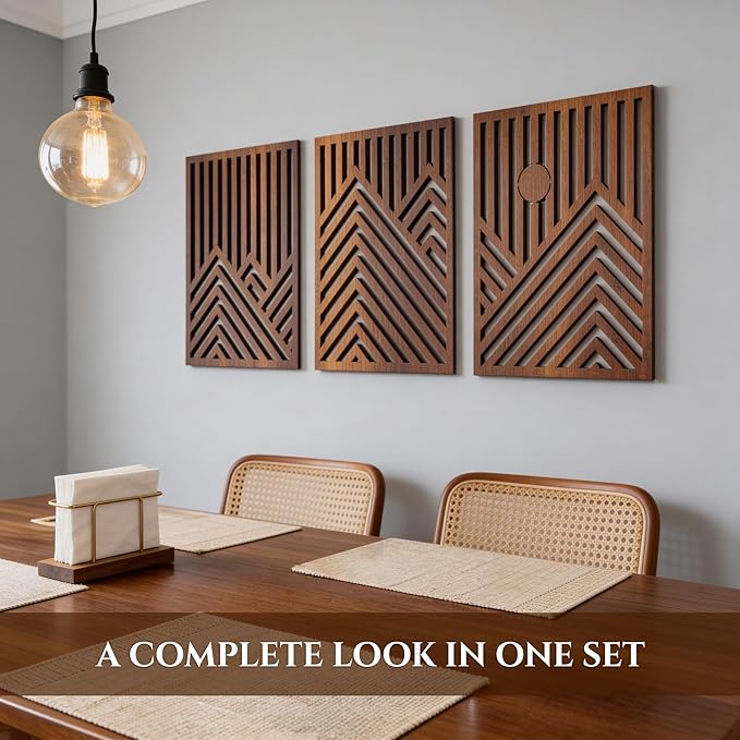 qmmp Modern Wooden Wall Sculptures - Set of 3 - Home Decor Accent - Large Wall Art for Living Room, Bedroom, Office - Easy Installation (Walnut, XXLarge - Mountain and Sun)