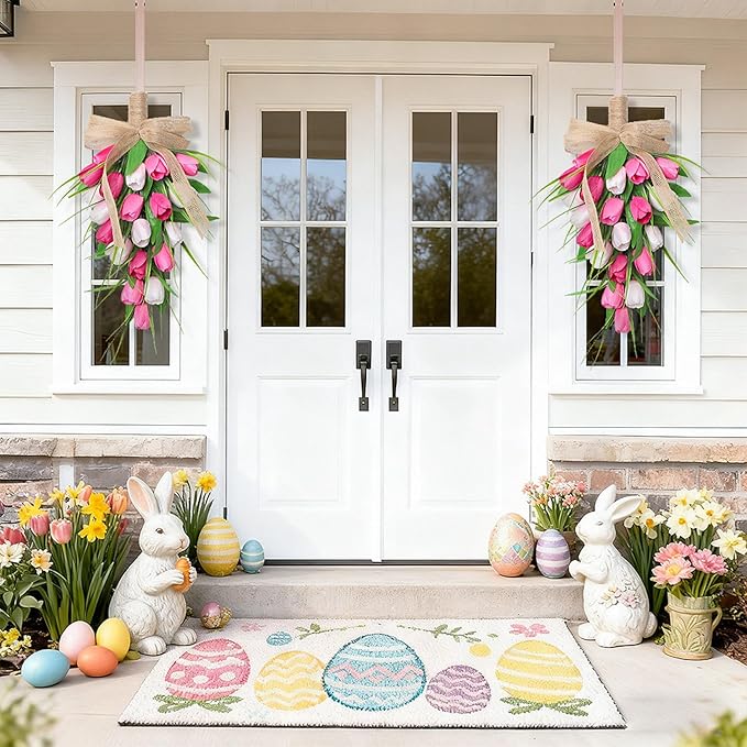 Spring Swags for Front Door Artifical Tulips Teardrop Swag with Burlap Bow Hanging Decorative Easter Wreath for Porch Wall Mother's Day 8.7x15.8 inch