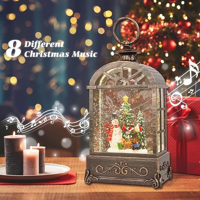 Christmas Snow Globe Lantern, Lighted Swirling Glitter Christmas Lanterns,with 6 Hour Timer Musical Snow Globes, Battery Or USB Powered, Snowman Snow Globe Gifts for Kids, Indoor Christmas Decorations