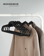 SONGMICS Velvet Hangers 20 Pack, Non-Slip Clothes Hangers with Shoulder Notches, Pants Bar, 360° Swivel Hook, Space-Saving, for Closet, Ink Black UCRF029B02
