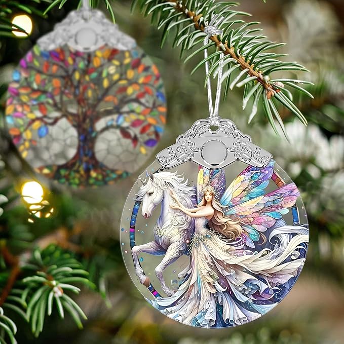 Unicorn and Fairy Stained Glass Orament - Christmas Ornament - Christmas Decorations for Tree - Holiday Present ldeas - Gift Exchange