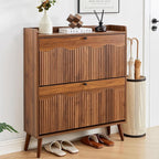 BERRYMERRY 31.5” Fluted Shoe Storage Cabinet with 2 Flip Drawers,Freestanding Narrow Shoe Organizer Cabinet with Wave Profile for Entryway,Hallway,Living Room