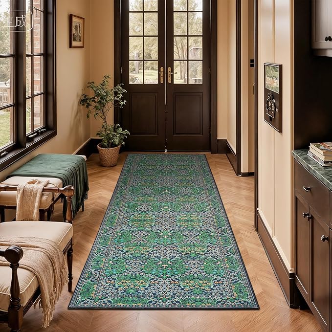 Lessymo Washable Hallway Runner Rug with Rubber Backing, Non Slip 8ft Long Floor Runner for Kitchen, Entryway Indoor, Stain Resistant Soft Boho Vintage Floral Botanical Carpet (2'7"x8' Forest Green)