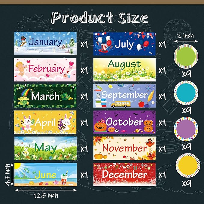 Zonon 48 Pieces Holiday Monthly Headliners Set 12 Months of The Year Headers Seasonal Monthly Bulletin Board Borders with 36 Round Blank Confetti Cutouts(Cute Style)