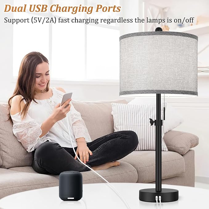 Kondras Table Lamps for Bedroom Set of 2, 23''-30'' Adjustable Height Bedside Lamps with 2 USB Ports, Black Nightstand Lamps with Grey Linen Shade, Modern Stylish Living Room Lamp Set with Pull Chain