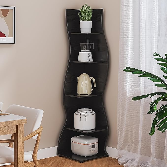 VECELO Wavy Corner Shelf, Decorative 6-Tier Corner Display Bookshelf, Tall Storage Organizer for Small Spaces, Living Room or Bedroom, Black