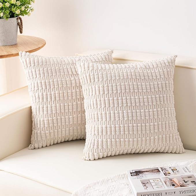 Aegero Pack of 2 Corduroy Decorative Throw Pillow Covers 16x16 Inch Soft Striped Pillow Covers Modern Farmhouse Home Decor for Sofa Living Room Couch Bed（Cream White）
