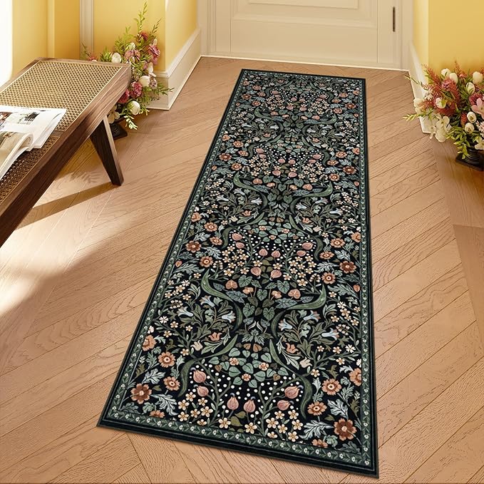 Moynesa Floral Kitchen Runner Rug, 2x6 Runners for Hallways 6ft Non Slip Washable Soft Rug Runners, Boho Botanical Ultra Thin Stain Resistant Carpet Runner for Bathroom Entryway, Black