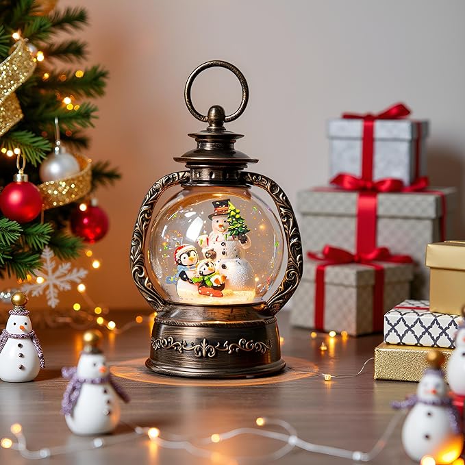 Christmas Snow Globe Lantern Water Glittering Snowman & Penguins with Music & Timer, USB Lined/Battery Operated Lighted Lantern for Christmas Festival Decoration Gifts