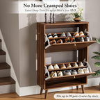 Nicetree Shoe Cabinet Storage for Entryway, 9.45" Narrow Shoe Organizer with Architectural Arched Fluted Front, Slim Shoe Rack with Adjustable Shelves,Fits Size 12 Shoes,Timeless Walnut