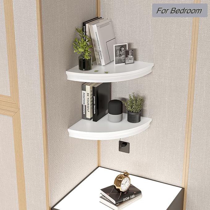 HAO Floating Corner Shelf Invisible Wall Mounted Shelves Radial Shape Cable Wire Hole Pattern Perfect for Bedroom Bathroom Living Room Kitchen Set of 2 White
