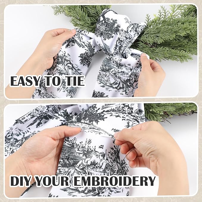 Black Wreath Sash for Front Door - 2 Pcs Dark French Toile Sashes for Wreaths Home Decor, Rustic Wreath Sash for Embroidery Monogram Farmhouse Yard