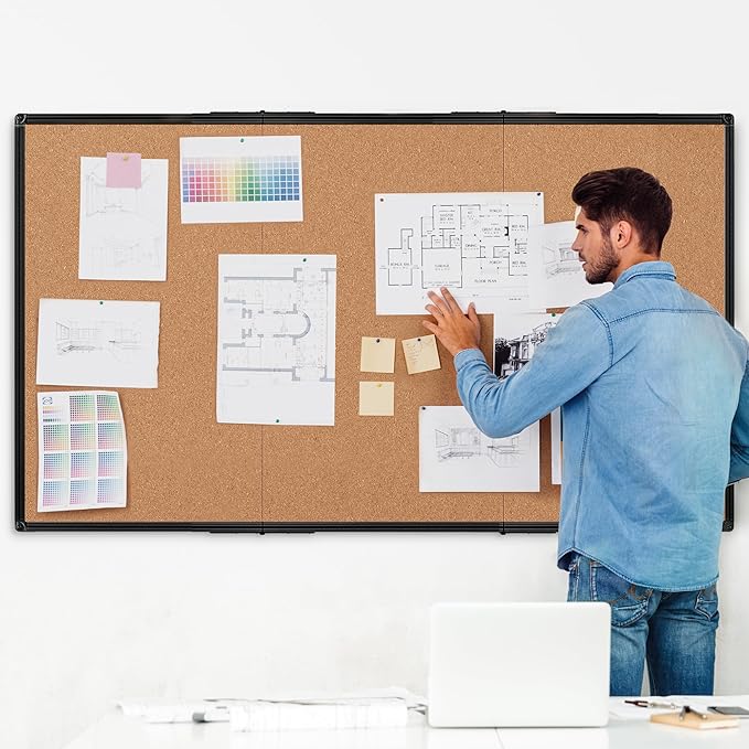 Extra Large Cork Bulletin Board 96" X 48", Foldable Notice Pin Board for Wall, Black Aluminum Framed 8'x4' Corkboard, Wall Mounted Noticeboard with 36 Push Pins for School, Home & Office
