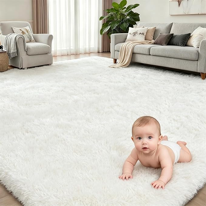 8x10 Area Rugs for Living Room Bedroom: Ultra Soft Fluffy Shag Rug Upgrade Non-Slip Non-Shedding Large Fuzzy Plush Carpet Indoor Floor Carpets for Kids Room Playroom Nursery Dorms Home Decor Ivory
